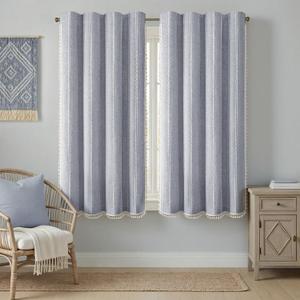 Blue Boho Blackout Curtains 2 Panels 63 Inch for Living Room Bedroom, Linen Texture Farmhouse Curtains with Tassels and White Cotton Embroidery Vintage Rustic Country Western Blue, 52"W x 63"L (Pack of 2)