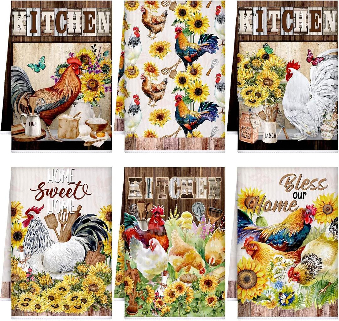 Bencailor 6 Pcs Farmhouse Kitchen Towels Chicken Rooster Kitchen Decor Farm Animal Hand Towels for Cooking Baking Housewarming Gift,15.75 x 23.62 inch(Multicolor,Sunflower Rooster)