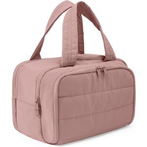 Travel Toiletry Bag for Women, Large Wide-open Puffy Cosmetic Makeup Bag with Wet-Dry Separation, Multi-Pocket Organizer with Carry Handle for Toiletries, Cosmetics, Essentials, Dark Pink