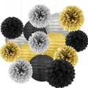 Black Silver Gold Party Decorations - 15Pcs Paper Flowers Tissue Pom Poms Paper Lanterns Graduation Hanging Decor Retirement Decoration 50th 80th 90th Men Birthday Anniversary HongTongTong