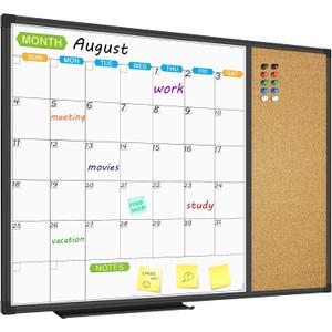 JILoffice Magnetic Calendar Whiteboard & Bulletin Corkboard Combination, Combo Board 28 x 20 Inch, Black Aluminum Frame Wall Mounted Board for Office Home and School with 10 Push Pins