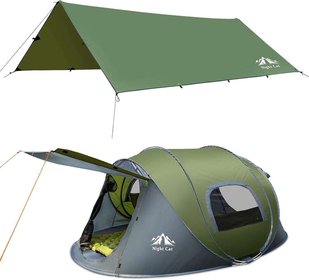 Night Cat Pop-up Camping Tent with Waterproof Tarp: 2 Person Tent Waterproof Instant Easy Setup Family Tent Combo Set