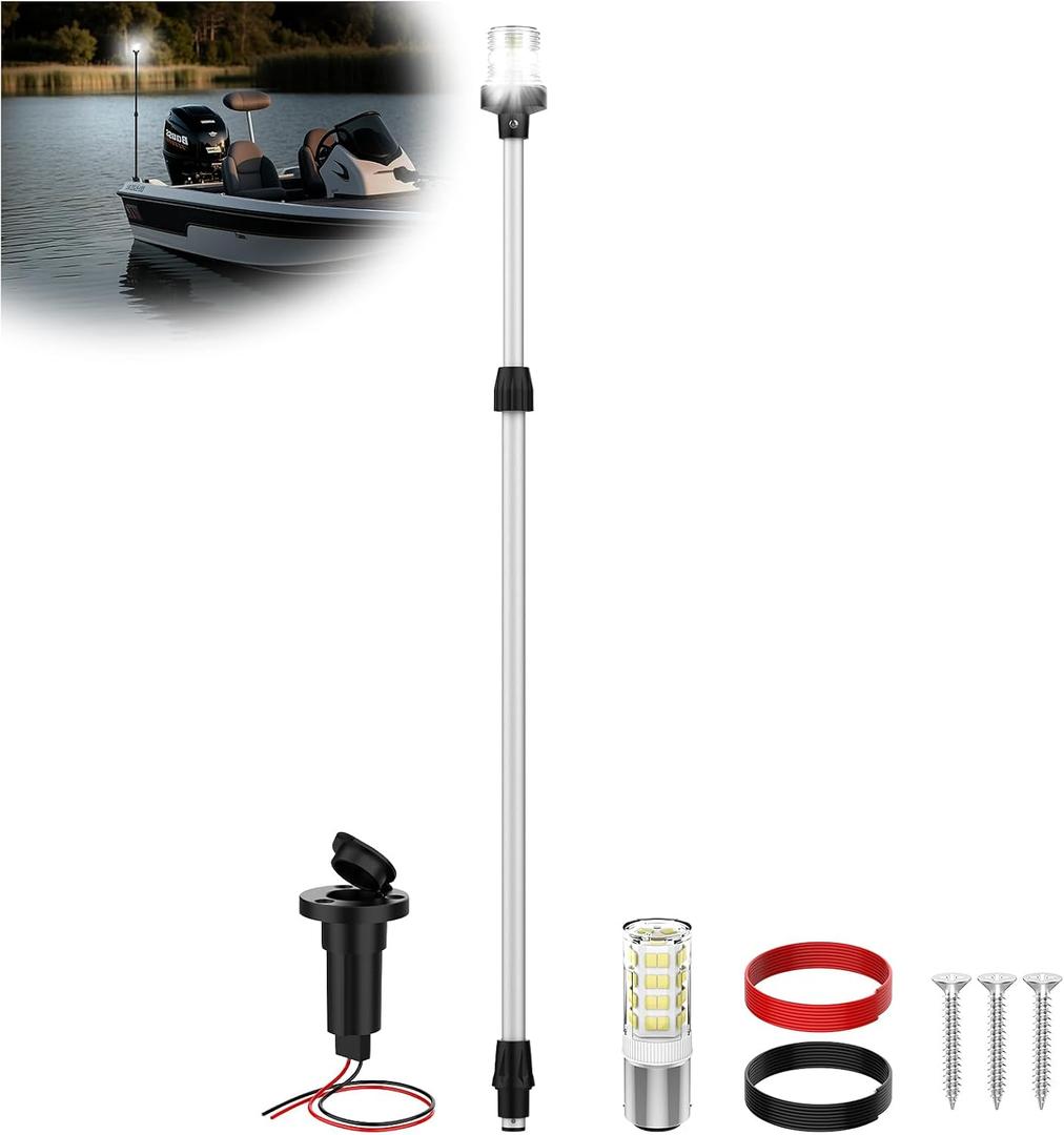 Boat Stern Light Anchor Light, 28"-48" Telescoping Pole Boat Lights LED with Base & Extra Bulb, Waterproof 3NM 360 All Round Marine Navigation Lights for Boats LED for Pontoon, Fishing, Bass Boats