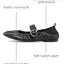 VOLEECE Women's Ruched Ballet Flats Buckle Strap Mary Jane Flat Shoes Slip On Soft Faux Suede Round Toe Comfort Ballerina for Casual Dress (Black)
