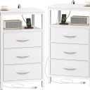 Huuger Nightstands Set of 2, 27.6 Inch End Tables with Charging Station, Bedside Tables with Drawers, PU Leather Finish, USB Port and Outlet, Night Stands for Bedroom, White