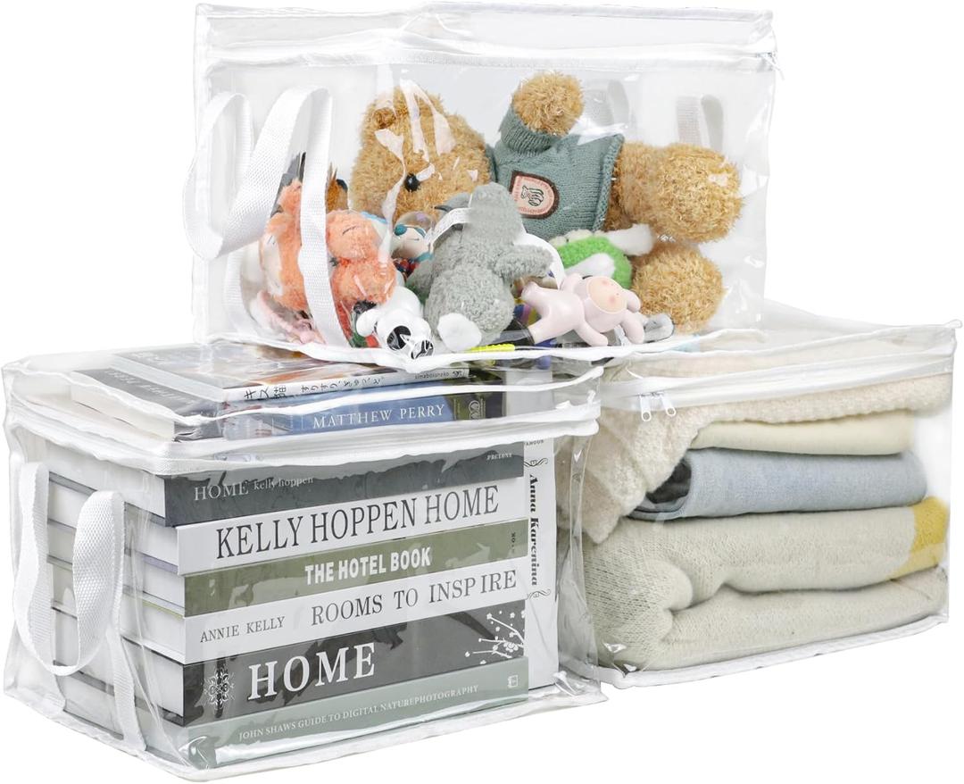 3 Pcs Clear Storage Bags for Book,Clothing, Transparent Organizing Cube Bin with Zipper Handles, Clothes Organizer Bag Closet Organizers and Storage Container for Clothes,Shoes,Toys (Medium)