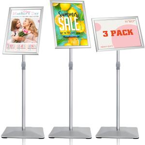 11"x17" Pedestal Poster Stand with Heavy Duty Solid Steel Base, Adjustable Floor Standing Sign Holder for Vertical and Horizontal Display, Silver 3Pack