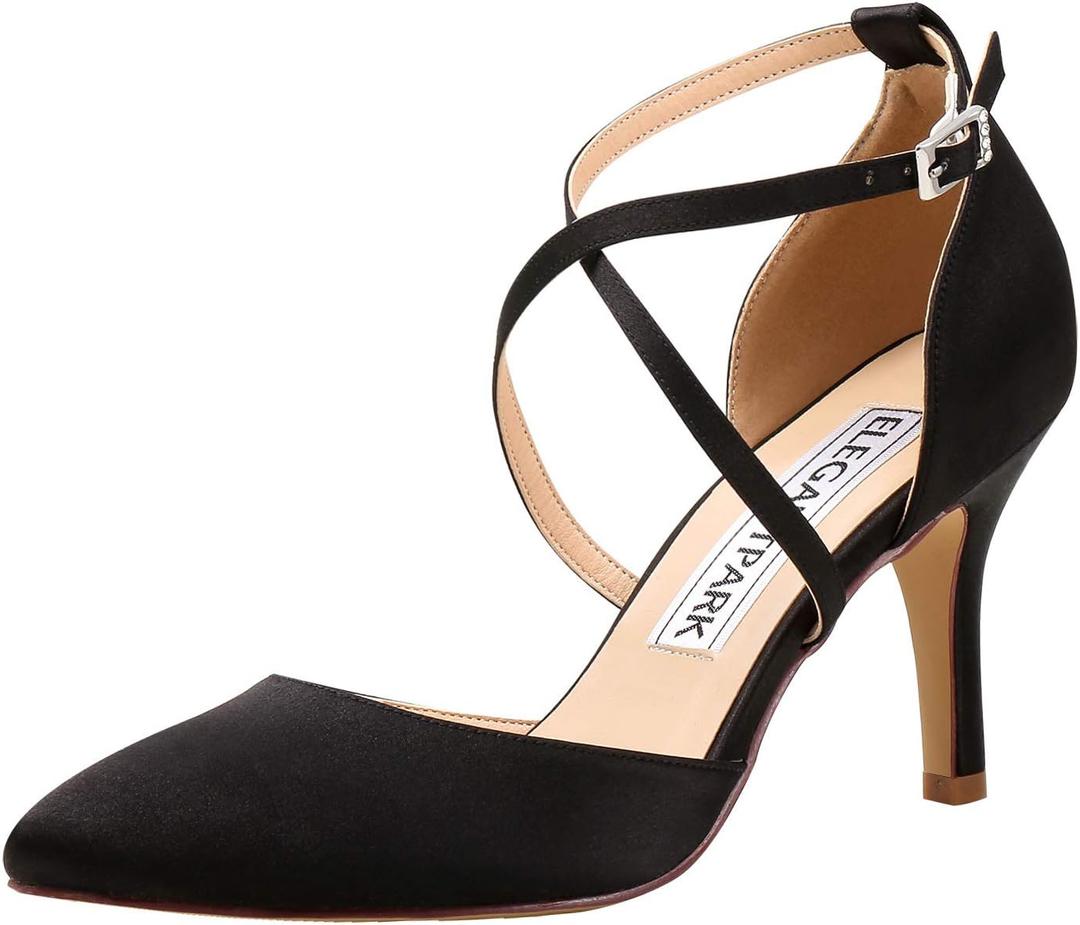 ELEGANTPARK Heels for Women Closed Toe Strappy Pointed High Heel Pumps Satin Pointy Wedding Evening Dress Shoes (6, Black)