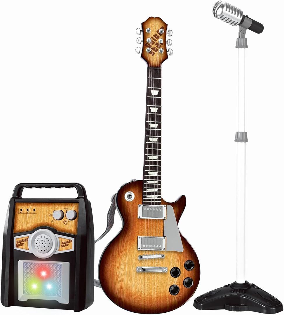 deAO Musical Guitar Play Set,Adjustable Height Microphone,Amplifier Set with Stand,Music Light Karaoke Music Toys Birthday for Kids Boys Girls, Brown 