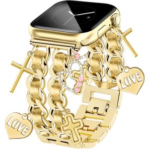 Gold Watch Bands for Women Compatible with Apple Watch Band 46mm 42mm(S3/2/1) 44mm 45mm 49mm Adjustable Unique Charms Metal Strap Chain Bracelet for iWatch Series 11/10/9/8/7/6/5/4/3/2/1/SE/Ultra