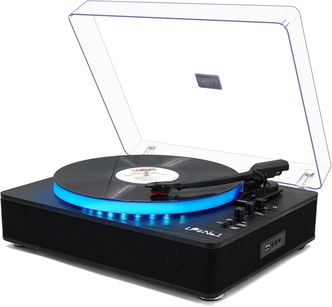 LP&No.1 Record Player with Built-in Stereo Speakers, LED Control, 3-Speed Belt-Drive Vinyl Turntable with USB Playback & Recording, Wireless Input & Output, Auto Stop, Pitch Control | Black