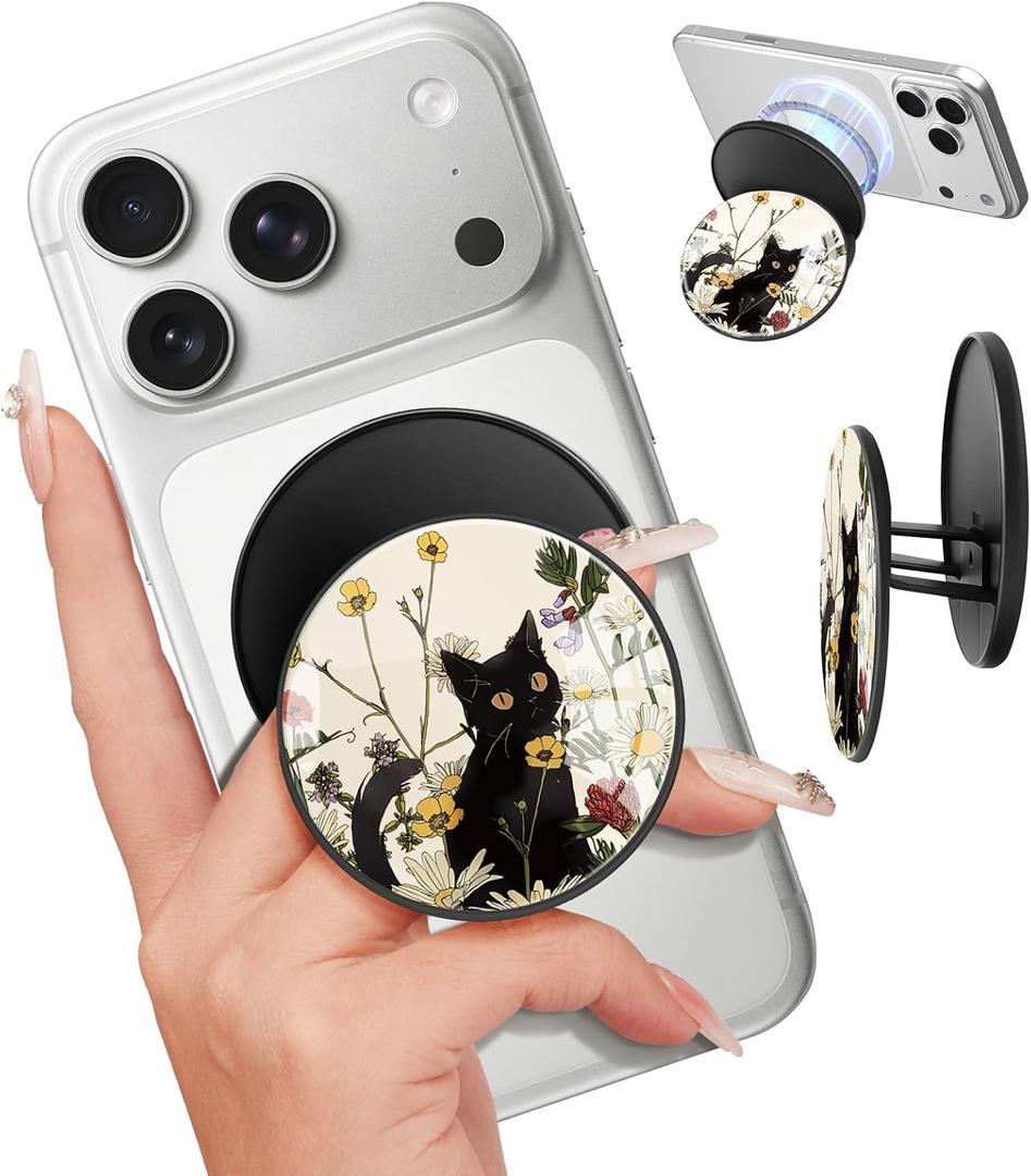 Kidcube Magnetic Phone Grip Compatible with Magsafe - Cell Phone Grip Stand Magnetic Ring Holder Finger Kickstand for iPhone 17 16 15 14 13 12 Series Magnet Removable Accessories Cute Black Cat Flower