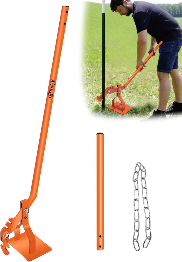 Dual-Purpose Stake Puller, Portable Concrete Stake Anchor Atack Rebar Steel Pin Form Puller Tool, Fit for Small Wood Piles/Steel Bars/Fences/T-Post, 2 Types of Clips + Iron Chain