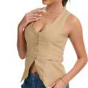 Womens Casual Scoop Neck Vest Summer Sleeveless Fitted Waistcoat Suit Button Down Business Crop Tops (S)