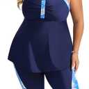 Hanna Nikole Women's Plus Size Tankini Swimsuits Two Piece Bathing Suit Flowy Rash Guard Swimwear with Capris Shorts, Navy & Blue Flowers, XL