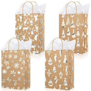 Silkfly 50 Pack Small Christmas Gift Bags Bulk with 50 Tissue Paper, Kraft Paper Metallic Candy Goodie Bags Winter Snowflake Party Favors Bag for Xmas Holiday Birthday Party Supplies(Brown Silver)