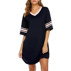 Ekouaer Womens Nightgown Cotton Sleepwear Short Sleeve Sleep Shirt V Neck Color Block Nightshirt (XX-Large, A_navy Blue)