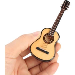 Miniature Guitar, 3.9in Wooden Tiny Guitar Decorative Model for Mini Music Ornament Display Dollhouse Accessories Model Home Decoration