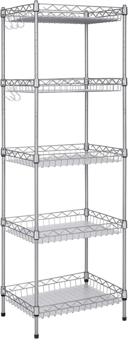 Storage Shelves, 5-Tier Wire Shelving Unit with Baskets Storage Rack Corner Shelf Shelving Adjustable Storage Shelf, 11.8" D x 15.7" W x 62.99" H,Silver