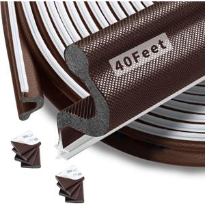 40 Feet Kerf Door Weather Stripping Seal With 8 PCS Corner Seals, Long Reach V-Shaped Strip for Frame Insulation and Soundproofing Large Gaps (Brown)