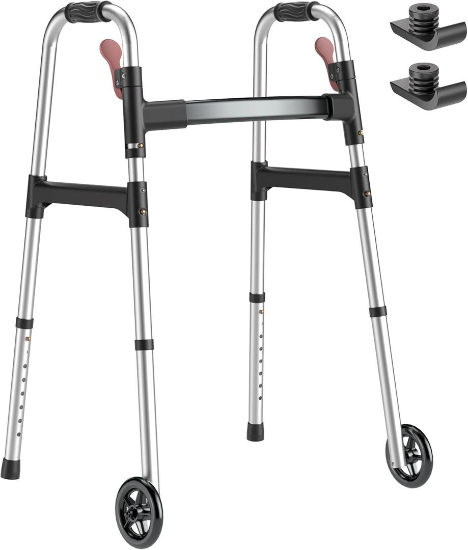 Walkers for Seniors, One-Hand Folding, 8 Height Adjustments, Walkers with Wheels, 2 Skis and 5" Wheels, Lightweight Walker for Seniors, Standard Walkers for Seniors, Aluminum Frame, Frosted Silver