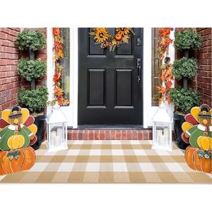 Khaki and White Buffalo Outdoor Rug 24''x 51''Checkered Plaid Front Porch Mat Cotton Woven Machine Washable Front Door Mat for Hello/ Welcome Mat Entryway, Bedroom, Farmhouse Patio