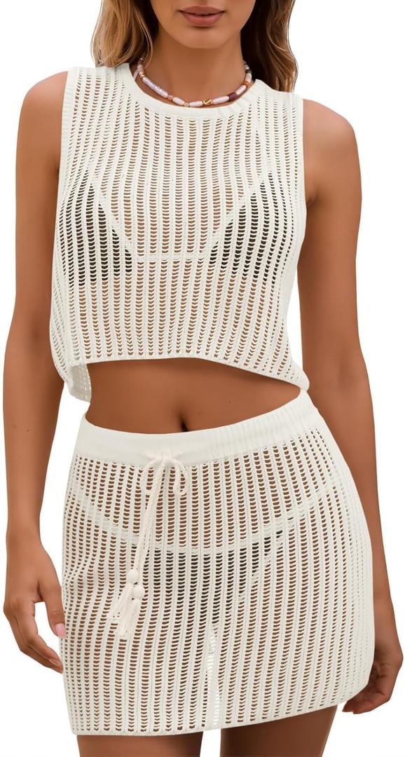 Fisoew Womens 2 Piece Crochet Sets Sleeveless Crop Tops Cover Up Beach Mini Skirt Outfits Vacation Sets