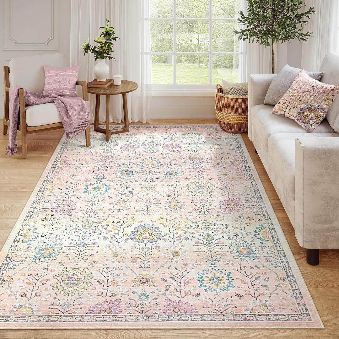 Lahome Flavie Light Pink Boho Rug, 6x9 Washable Rugs for Bedroom Girls, Soft Floral Kids Carpet with Non-Slip Backing for Nursery Playroom Kids Room