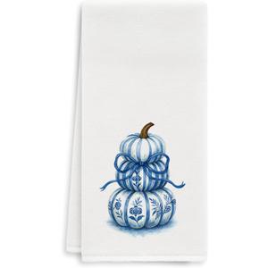 Fall Chinoiserie Pumpkin Kitchen Towel - Blue and White Pumpkins Pumpkin Decorative Hand Towels for Bathroom Decor, Chinoiserie Bow Fall Farmhouse Dish Tea Towels for Kitchen Decor, 16x24 Inch