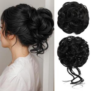 CJL HAIR 2PCS Messy Bun Hair Pieces Wavy Curly Synthetic Updo Chignon Fake Scrunchies Ponytail Extension for Women Black