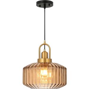 11.8in Mid Century Modern Amber Glass Pendant Light Fixture, Large Gold Kitchen Island Pendants Light Glass Ceiling Hanging Lamp for Foyer Dining Room Bedroom Entryway Hallway Over Sink