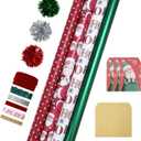 LaRibbons Christmas Wrapping Paper Sets, Santa & Snowflake & Gingham & Stripe Design with Ribbons & Gift Tags & Metallic Pom Pom for Christmas, Holiday, 30Inch  10Feet 4 Rolls: 100 Sq.Ft.Ttl