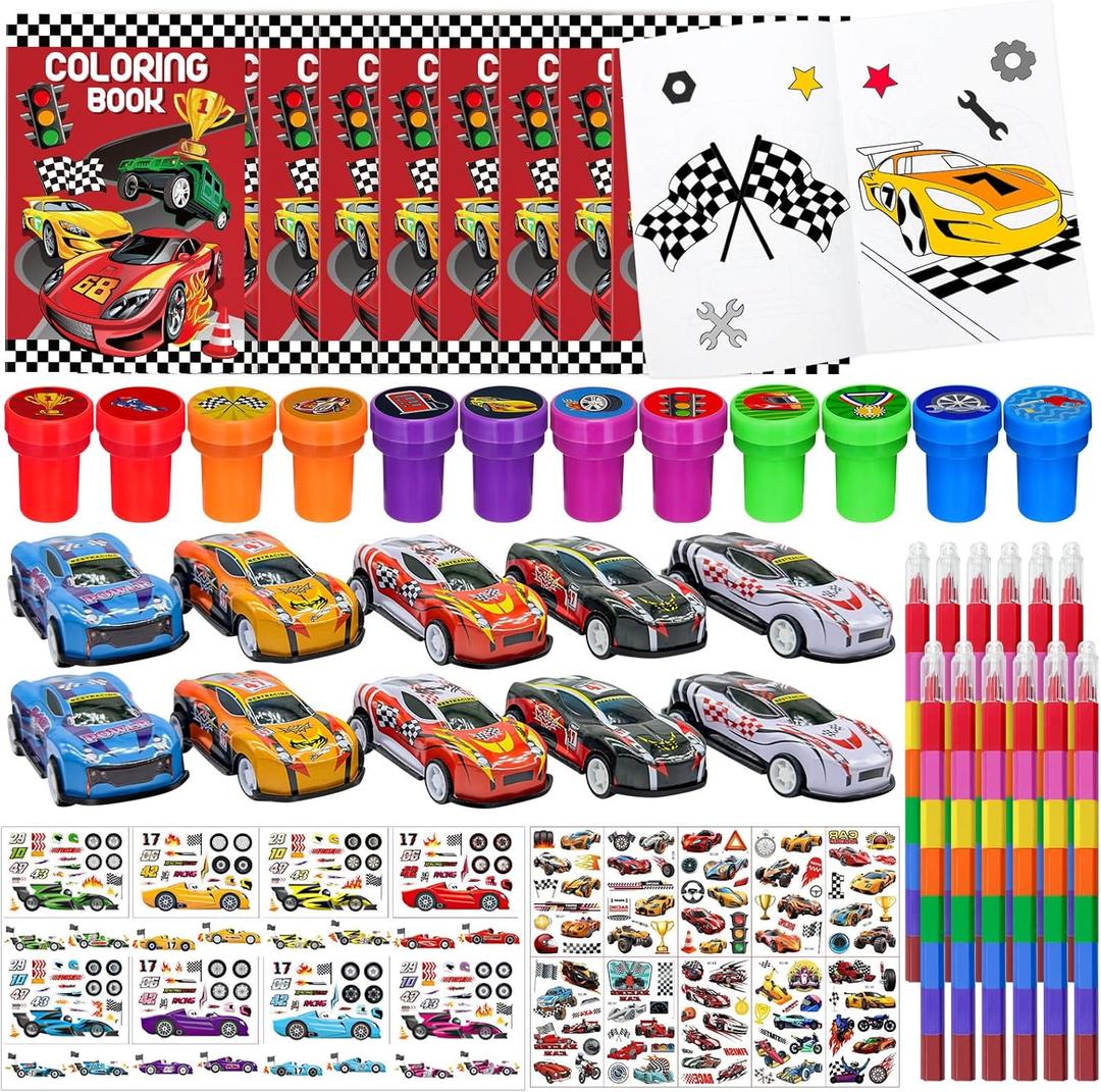 Cinrobiye 72 Pcs Race Car Coloring Book Bulk,Checkered Flags Racing Party Favors Goodie Bags Fillers, Let's Go Racing Birthday Party Supplies Classroom Reward Prizes Pinata Gift for Race Fans