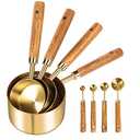 GuDoQi 8Pcs Gold Measuring Cups and Spoons Set, Wooden Handle, Premium Stainless Steel with Metric & US Measurements, Nesting for Dry/Liquid Kitchen/Food/Baking