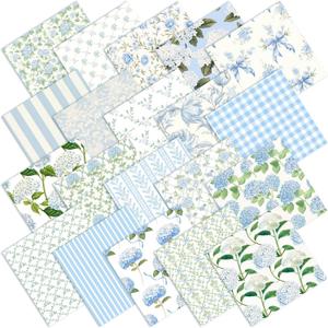 Ganeen 60 Pcs10x10 Inch Hydrangea Fabric Square Bundle Watercolor Dusty Blue Floral Quilting Fabric Plaid Printed Stripe Fat Patchwork Precut Stripes for Spring DIY Handmade Materials Craft Sewing