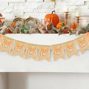 2 x Frienda Fall Thanksgiving Banners Plaid Pumpkin Burlap Banner Bunting Garland Pre-assembled Orange White Check Rustic Autumn Harvest Bunting Flag for Home Wall Mantel Fireplace Hanging Decor