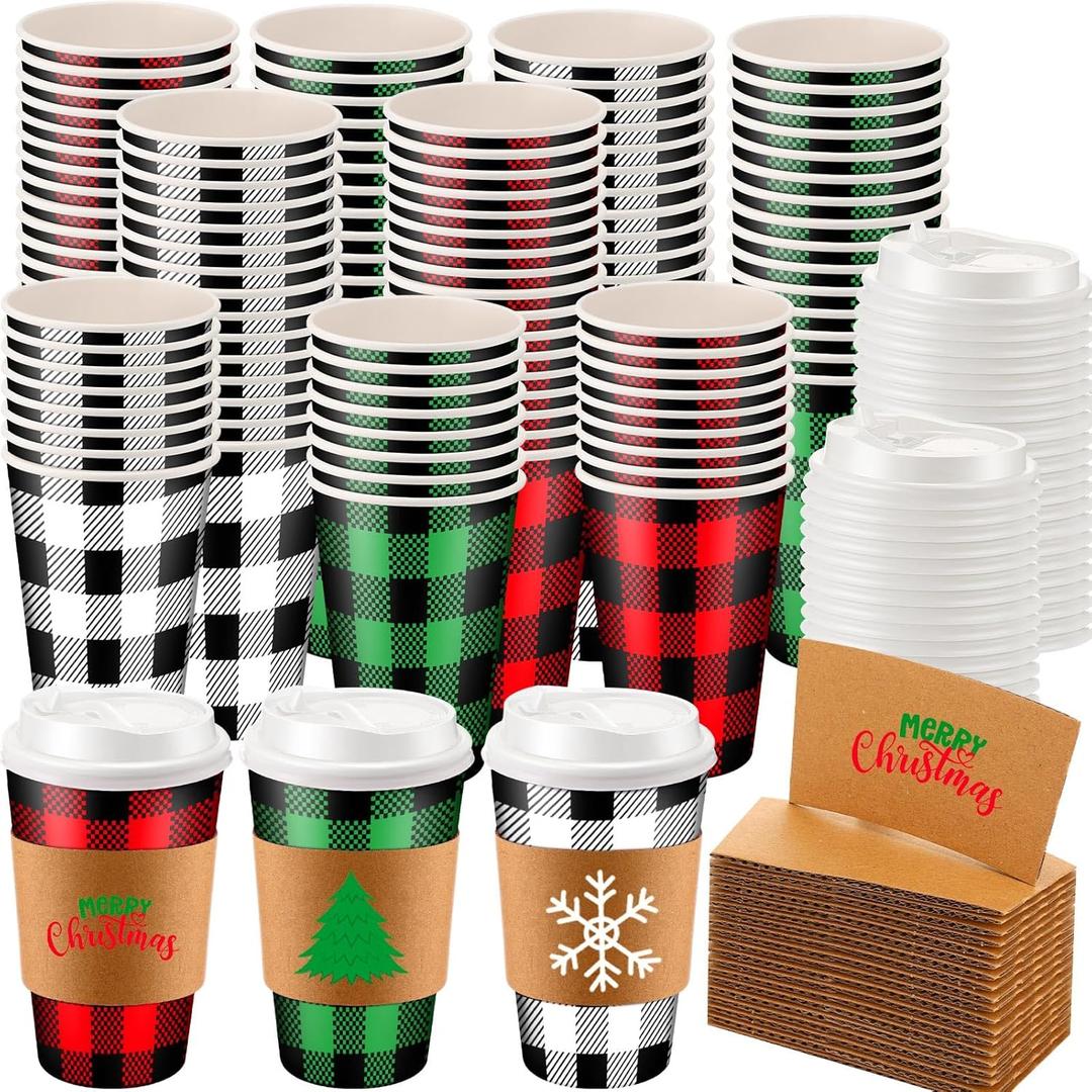 Layhit 60 Sets 16 oz Christmas Disposable Coffee Cups with Lids and Sleeves Christmas Paper Cups Red White Buffalo Plaid Party Cups for Hot Cocoa Chocolate and Cold Drinks Xmas Holiday Supplies