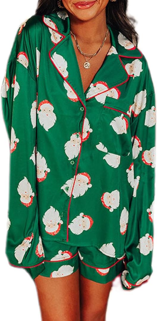 Aonoapll Women Christmas Pajamas Shorts Set Cute Patterned Long Sleeve Shirts and Shorts 2 Piece Pjs Sleepwear Loungewear (Small, Aa Green)