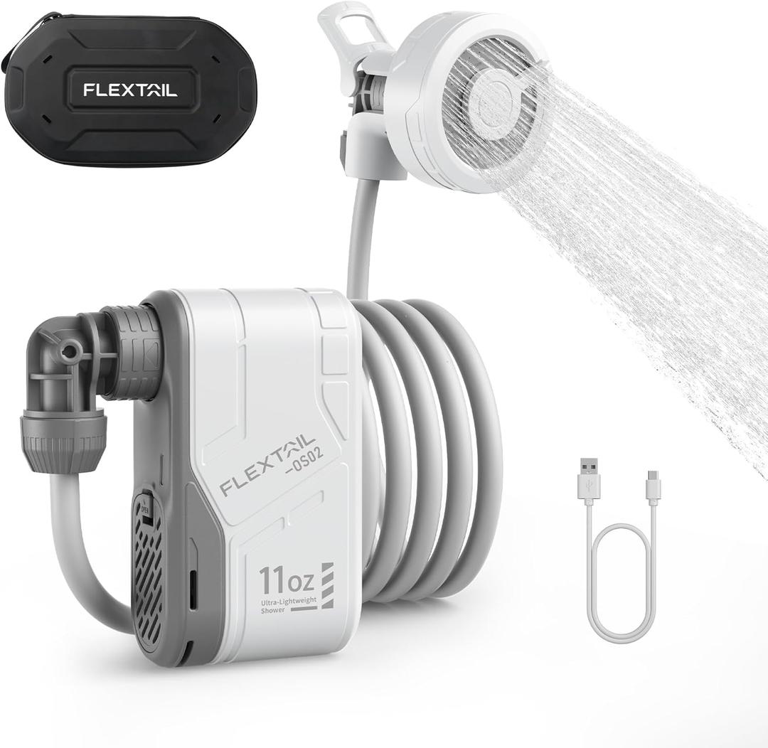 FLEXTAILGEAR MAX Shower Portable Shower for Camping, Rechargeable Outdoor Camping Shower, Portable Shower Pump with USB-C,Shower Pump for Hiking, Car wash, Pet Cleaning, Beach Vacations (Pearl White)