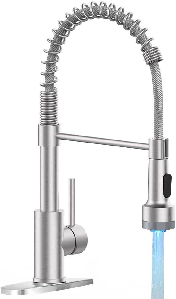 OWOFAN Kitchen Faucet with LED Sprayer Single Handle Pull Down Sprayer Spring Kitchen Sink Faucet with LED Light Brushed Nickel 9005SN