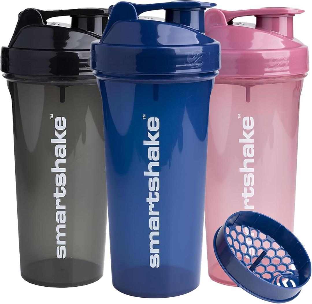 Smartshake Glossy 3-Pack Lite Protein Shaker Bottle 800 ml | 27 oz - Leakproof Screw-on Lid - BPA Free  Unisex - (Black, Deep Rose, Navy Blue)
