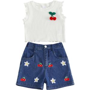 VISGOGO Toddler Baby Girl Short Set Summer Denim Outfits 6 12 18 24M 2T 3T 4T 5T Flower Jeans Shorts Tops Kids Girl Clothes