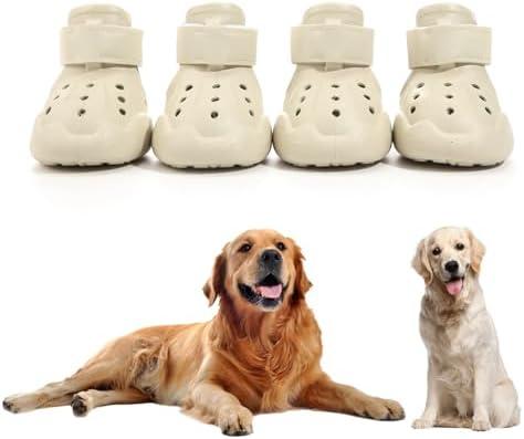 DOGOYS Dog Shoes, Dog Sandals for Hot Pavement, Non-Slip Waterproof Dog Booties for Winter Snowy Day and Summer, Adjustable Straps Easy-Clean Beach Outdoor Pet Boots Rugged Sole-4Pcs Beige Size 4