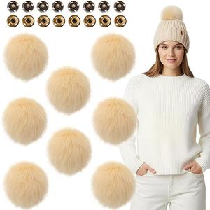 Juinte 8 Pcs 6 Inch Large Fur Pom Pom Balls for Hats Fluffy Faux Fur Pompom Balls with Snap Button for Hat Shoes Scarves Bag Charms DIY Crafts (Beige)