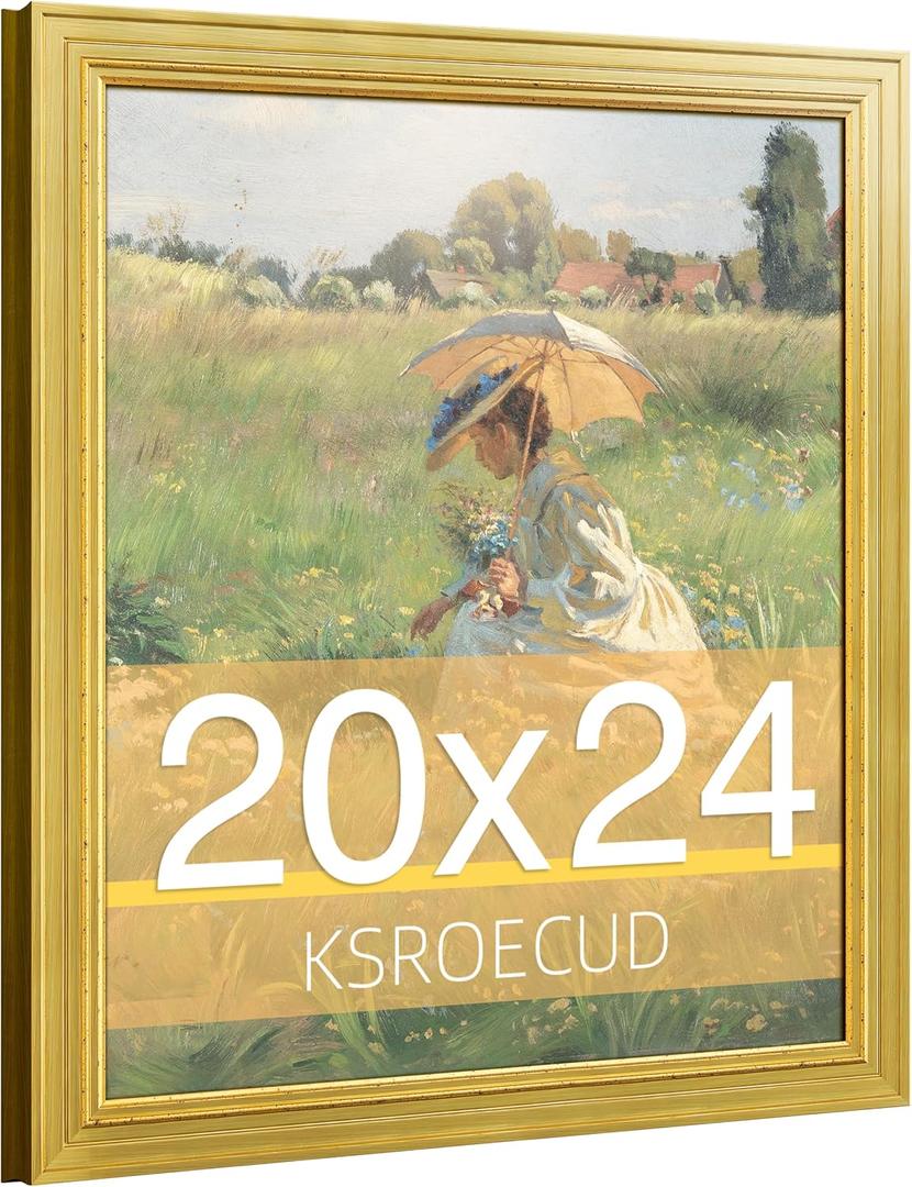 20x24 Wood Picture Frame, HD Plexiglass 20x24 Ornate Natural Wooden Vintage Photo Frame, 20 by 24 Painting Poster Frame with Gold Border and Distressed Rust-Like Finish for Art, Tabletop or Wall Decor (1 Pack）