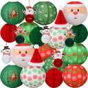 24 Pcs Christmas Hanging Paper Lanterns Party Decorations Red and Green Christmas Lanterns Garland Set Honeycomb Santa Hat 3D Snowman Reindeer Holiday Xmas Ornaments Home Winter Party Decor