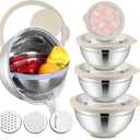 E-far Mixing Bowls with Lids Set, 15PCS Stainless Steel Mixing Nesting Bowl with Colander & 3 Metal Grater for Kitchen Prep/Baking/Storage, Non-Slip Bottom & Airtight Lid, 4.6, 3, 1.5, 1, 0.7QT, Khaki