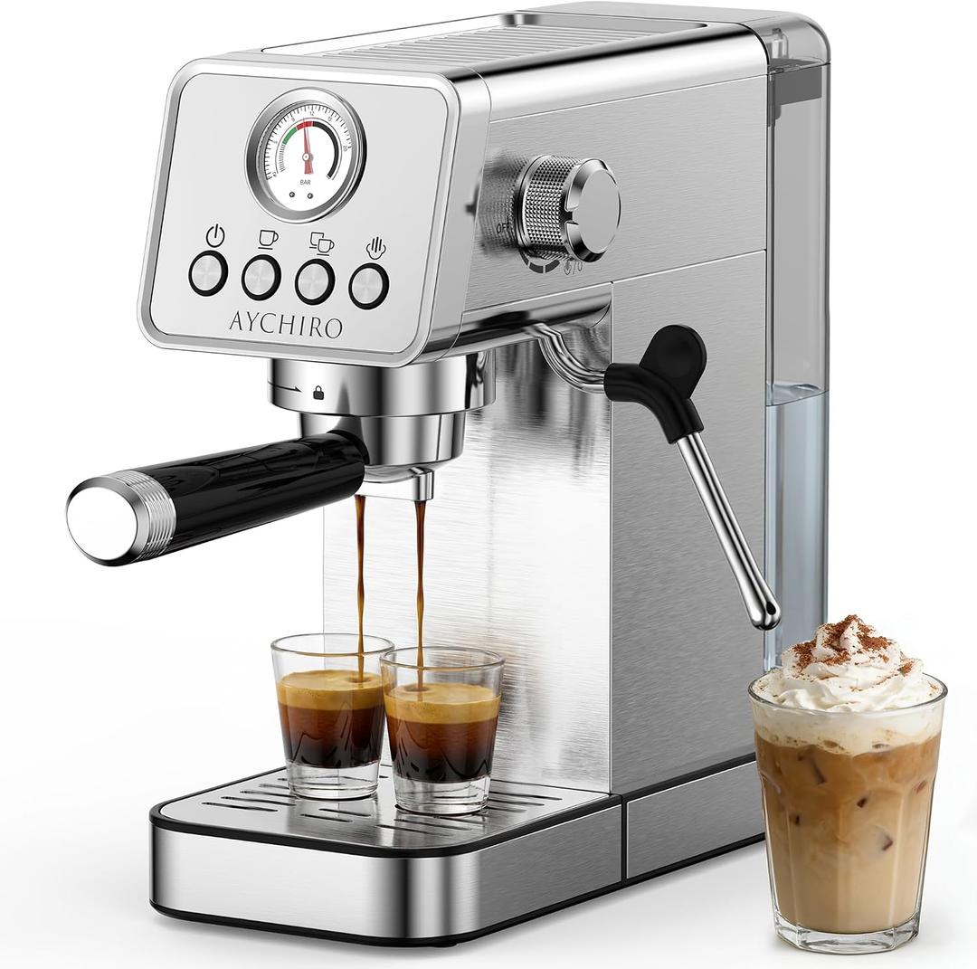 AYCHIRO 20 Bar Semi-Automatic Espresso Machine, Adjustable Espresso Machine with Pressure Gauge, Compact Espresso Maker with Steam Wand, Cup Warmer for Home & Office