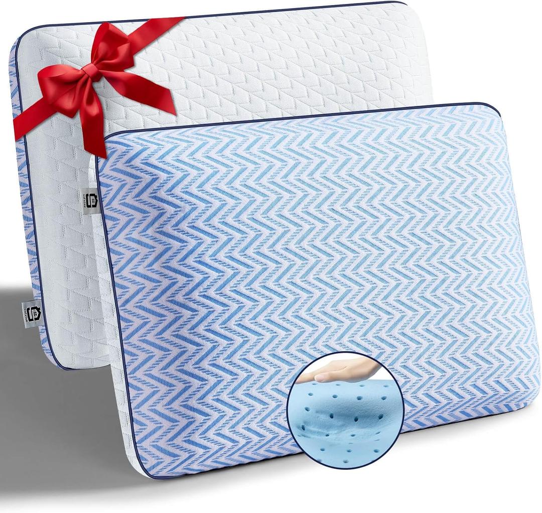 Gel Memory Foam Pillows Standard Size Set of 2, Medium Firm Orthopedic Pillow for Neck, Shoulder Pain Relief, Cooling Support for Side, Back, Stomach Sleepers, Breathable Washable Cover (White)