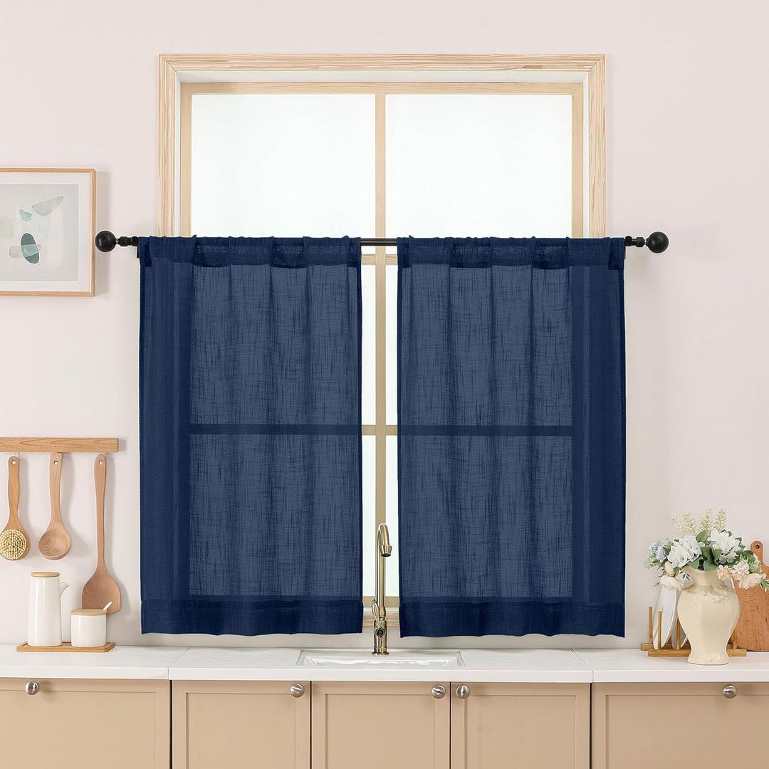 Chyhomenyc Navy Blue Semi Sheer Curtains 36 Inch Length, Light Filtering Faux Linen Slub Textured Burlap Small Kitchen Curtains Over Sink, Rod Pocket Short Drapes for Cafe Basement, 28Wx36L